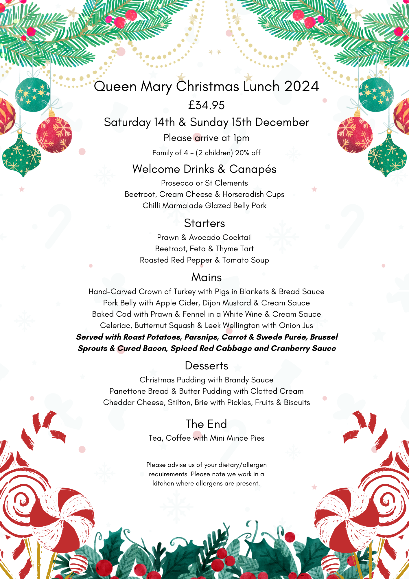 Christmas Menu 2024 34.95 Saturday 14th Sunday 15th December 2